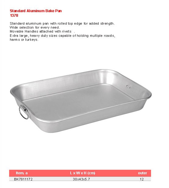Product sheet for Bake pan (model 1378) with sizes and specifications
