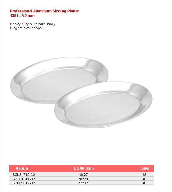 Product sheet for Sizzling platter (model 1381) with sizes and specifications