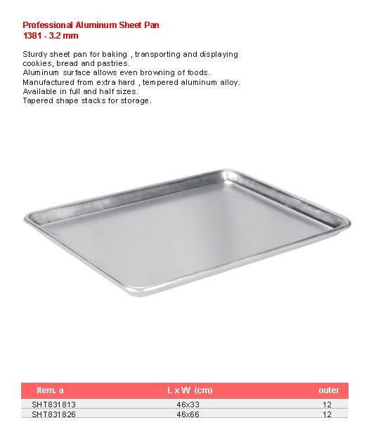Product sheet for Sheet pan (model 1381) with sizes and specifications