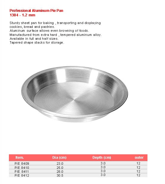 Product sheet for Pie pan (model 1384) with sizes and specifications