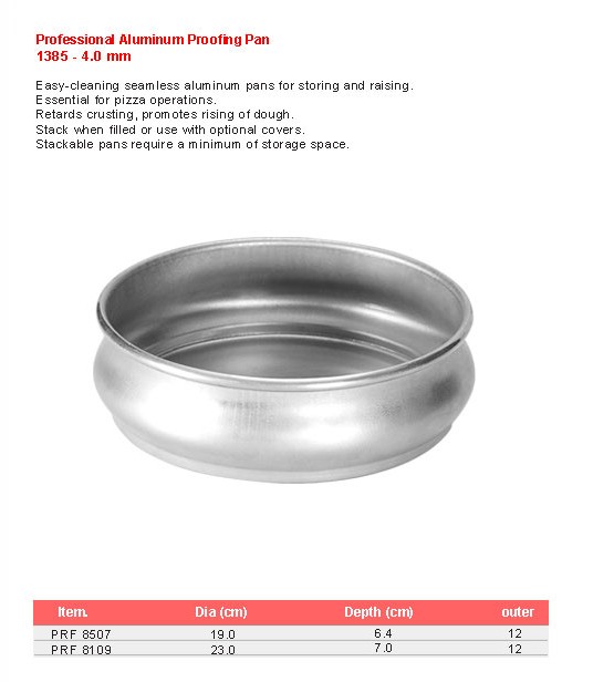 Product sheet for Proofing pan (model 1385) with sizes and specifications