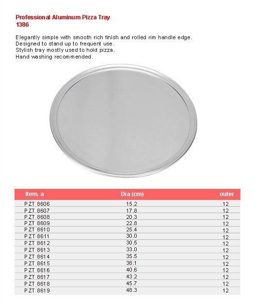 Product sheet for Pizza tray (model 1386) with sizes and specifications