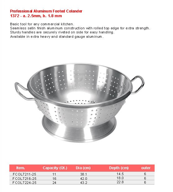 Product sheet for Footed colander (model 1372) with sizes and specifications