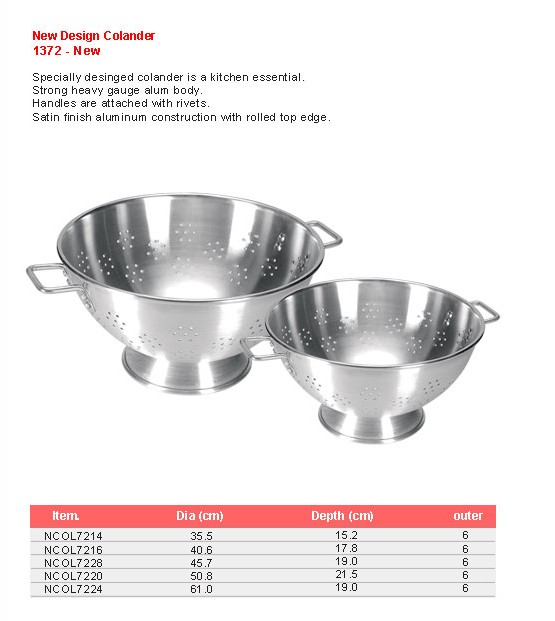 Product sheet for Colander, new design (model 1372-N) with sizes and specifications
