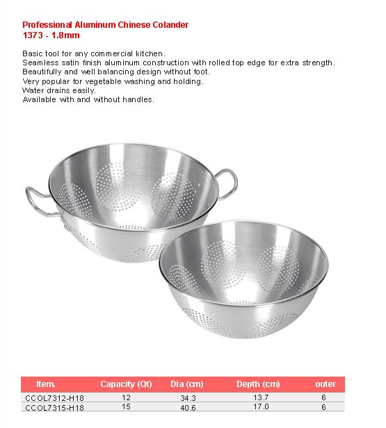Product sheet for Chinese colander (model 1373) with sizes and specifications
