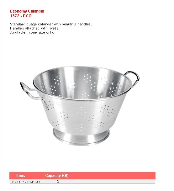 Product sheet for Economy colander (model 1372-ECO) with sizes and specifications