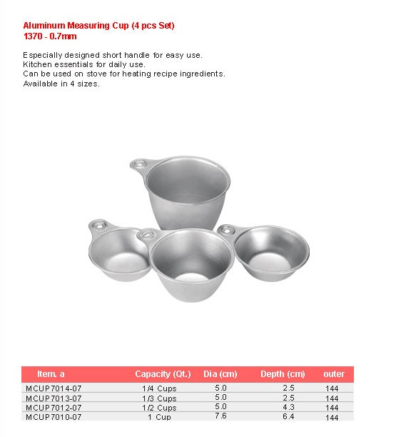 Product sheet for Measuring cups, 4 pcs (model 1370) with sizes and specifications