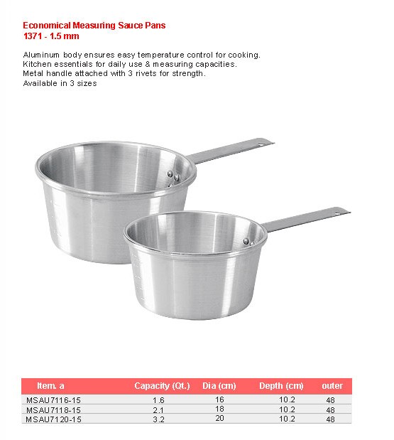 Product sheet for Measuring sauce pans (model 1371) with sizes and specifications