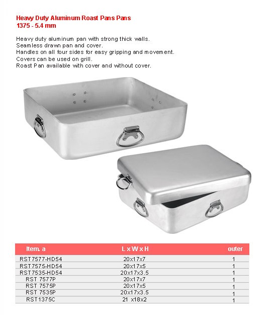 Product sheet for Heavy duty roast pan (model 1375) with sizes and specifications