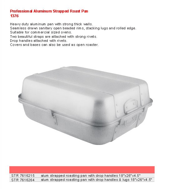 Product sheet for Strapped roast pan (model 1376) with sizes and specifications