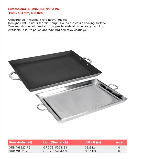 Product sheet for Griddle pan (model 1379) with sizes and specifications