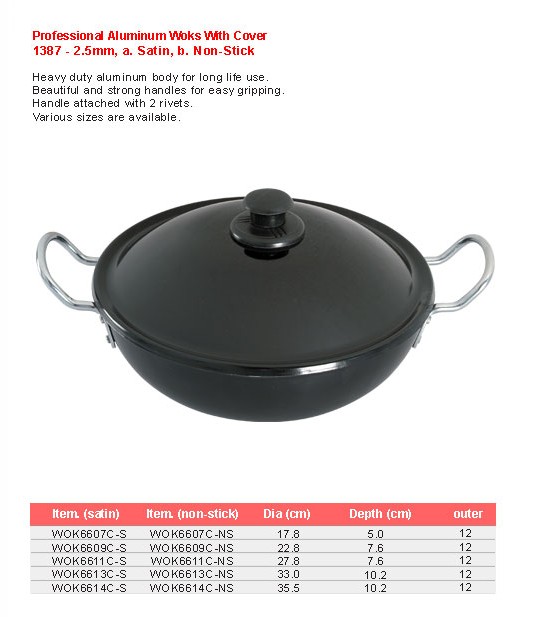 Product sheet for Professional wok with cover (model 1367) with sizes and specifications