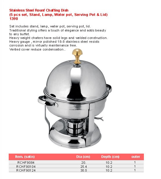 Product sheet for Round chafing dish, 5 pcs (model 1390) with sizes and specifications