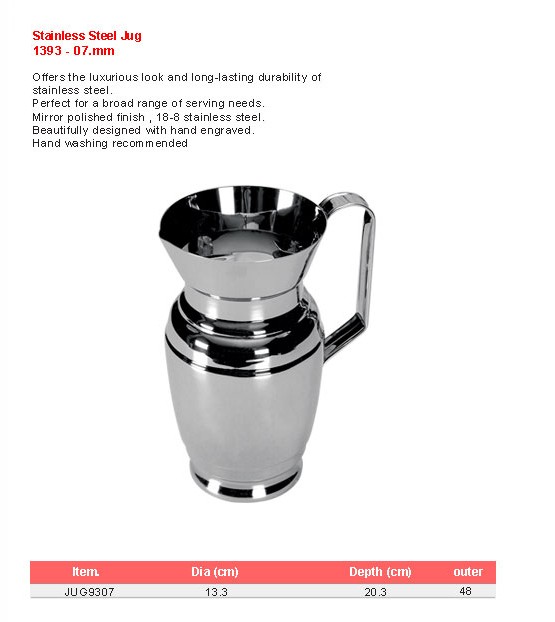Product sheet for Jug (model 1393) with sizes and specifications
