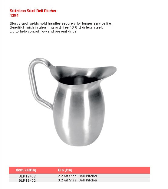 Product sheet for Bell pitcher (model 1394) with sizes and specifications
