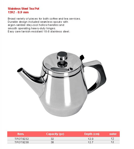 Product sheet for Tea pot (model 1392) with sizes and specifications