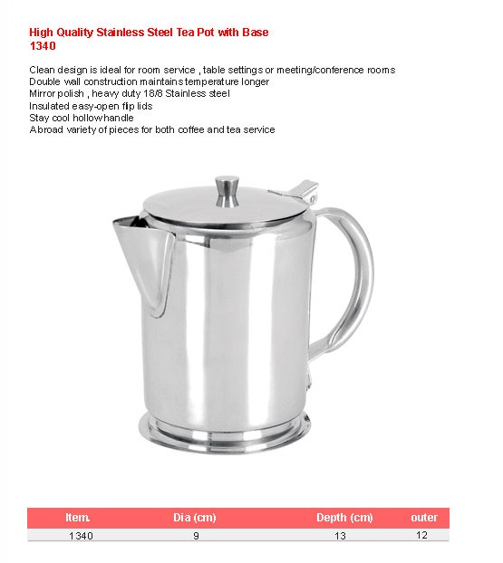 Product sheet for Tea pot with base (model 1340) with sizes and specifications