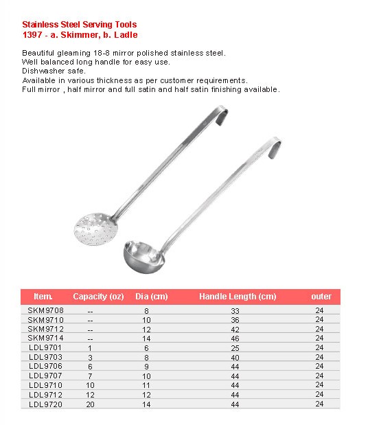 Product sheet for Serving tools (model 1397) with sizes and specifications