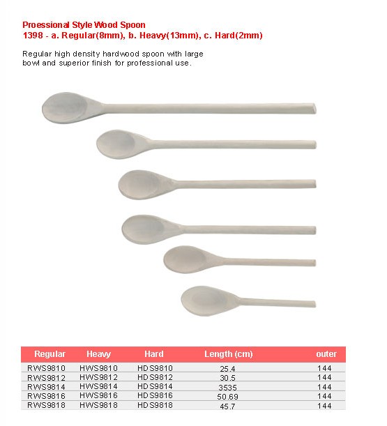 Product sheet for Professional wooden spoon (model 1398) with sizes and specifications