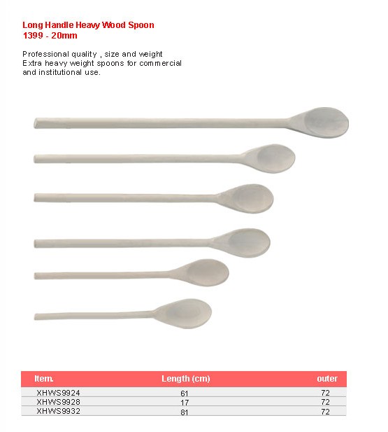 Product sheet for Long-handle heavy wooden spoon (model 1399) with sizes and specifications