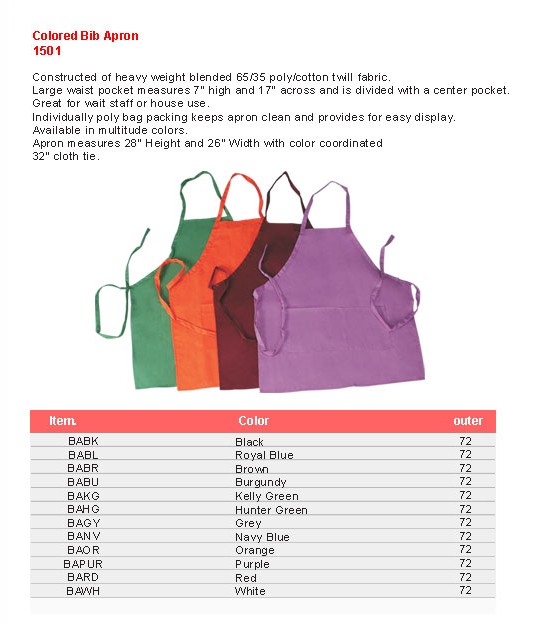Product sheet for Coloured bib apron (model 1501) with sizes and specifications