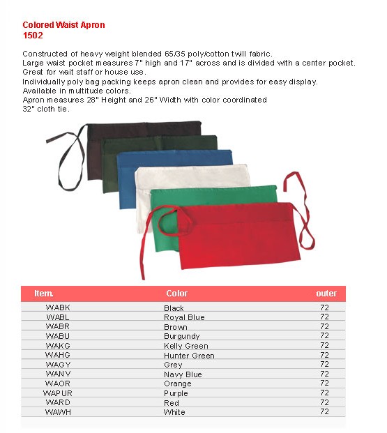 Product sheet for Coloured waist apron (model 1502) with sizes and specifications