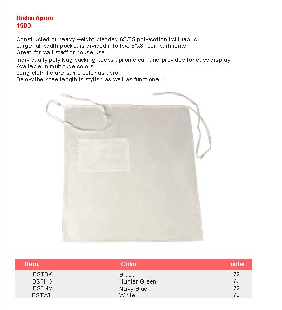 Product sheet for Bistro apron (model 1503) with sizes and specifications
