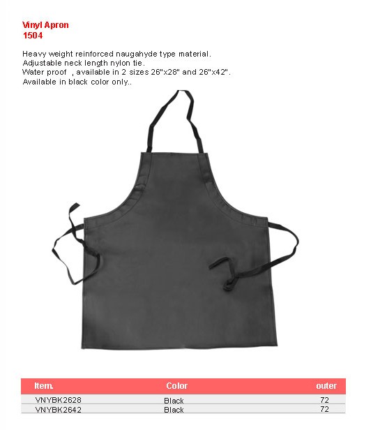 Product sheet for Vinyl apron (model 1504) with sizes and specifications