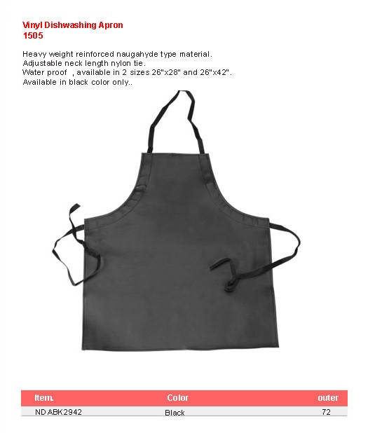 Product sheet for Vinyl dishwashing apron (model 1505) with sizes and specifications