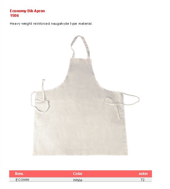 Product sheet for Economy bib apron (model 1506) with sizes and specifications