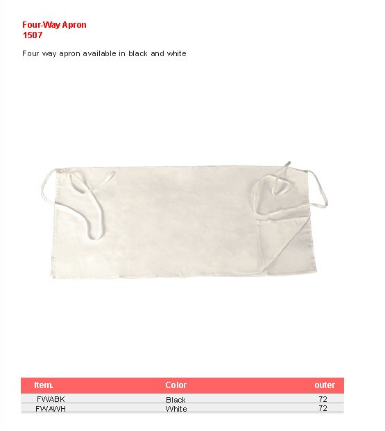 Product sheet for Four-way apron (model 1507) with sizes and specifications