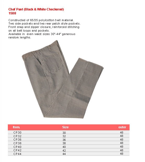 Product sheet for Chef pants (model 1508) with sizes and specifications