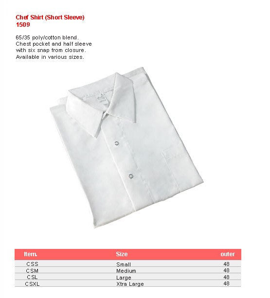 Product sheet for Chef shirt (model 1509) with sizes and specifications
