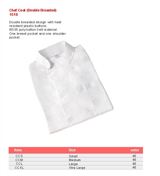 Product sheet for Chef coat (model 1510) with sizes and specifications