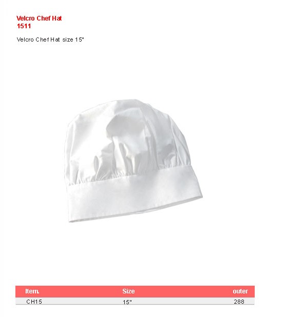 Product sheet for Chef hat (model 1511) with sizes and specifications