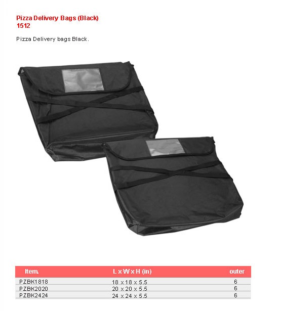 Product sheet for Pizza delivery bag (model 1512) with sizes and specifications