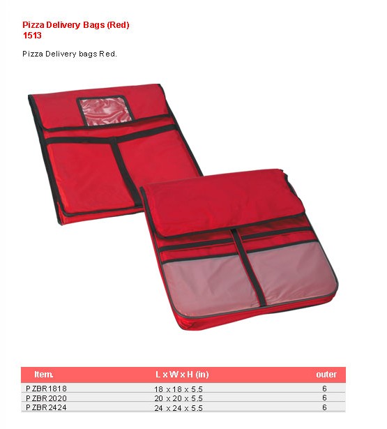 Product sheet for Pizza delivery bag (model 1513) with sizes and specifications